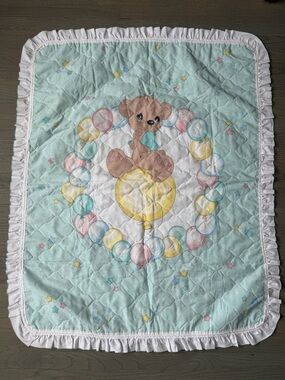 Vintage PRECIOUS MOMENTS TEDDY BEAR Ruffle BABY BOY OR BABY GIRL Blanket Quilt